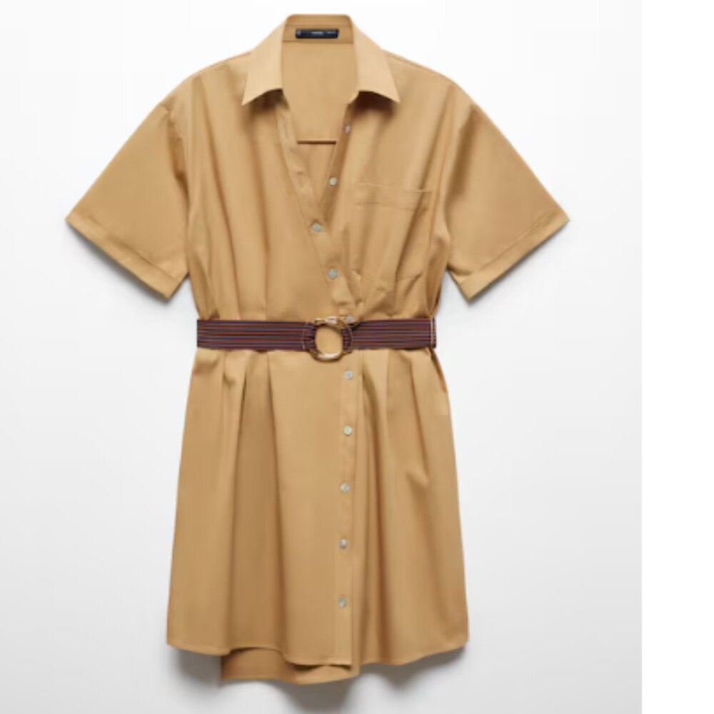 Camel Short Sleeve Belted Shirt Dress S